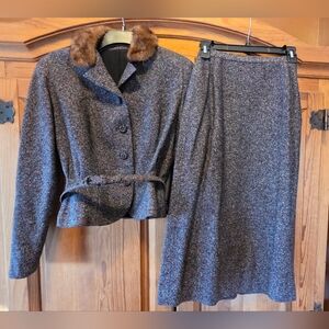 VTG Moordale Skirt Jacket Suit Womens Small Tweed Fur Collar MCM Retro 50s 60s